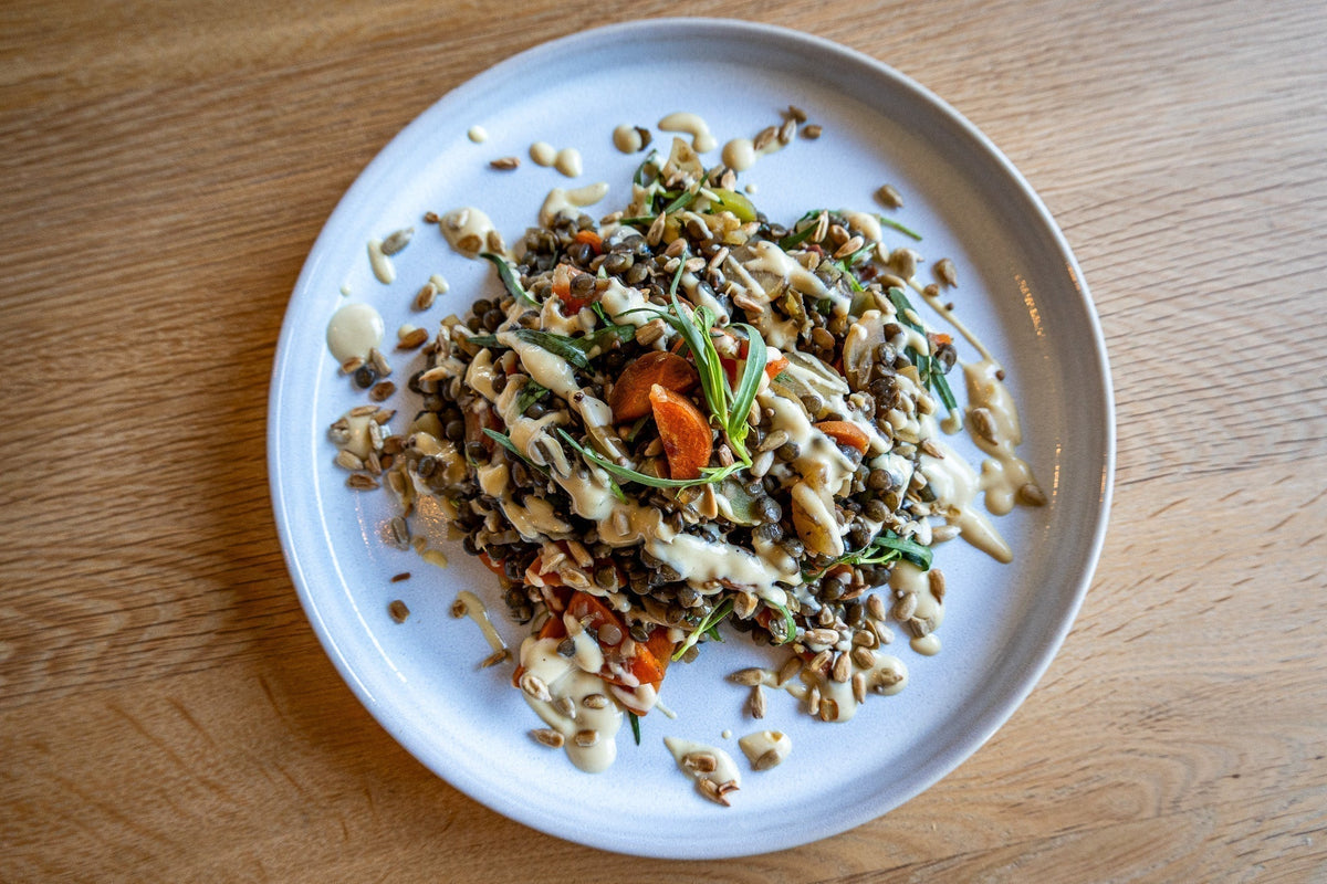Heavenly lentils, carrots & tarragon, with tahini sauce
